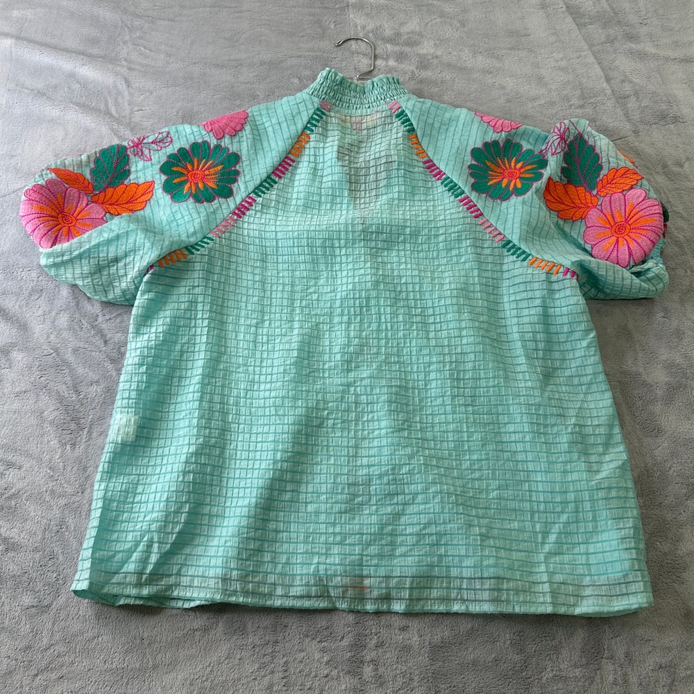 THML Aqua Blue Floral Embroidered Smocked Neck Puff Sleeve Blouse Small WCT2866 - Picture 5 of 7